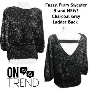 Trending For Fall Fuzzy Furry Dark Gray Ladder Back Soft Comfy Sweater NEW